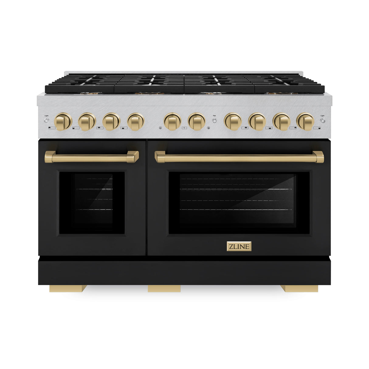 ZLINE Autograph Edition 48 in. 6.7 cu. ft. Paramount Double Oven Gas Range with 8 Burner Cooktop in Satin Stainless Steel with Black Matte Doors and Champagne Bronze Accents (SGRSZ-BLM-48-CB)