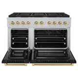 ZLINE Autograph Edition 48 in. 6.7 cu. ft. Paramount Double Oven Gas Range with 8 Burner Cooktop in Satin Stainless Steel with Black Matte Doors and Champagne Bronze Accents (SGRSZ-BLM-48-CB)