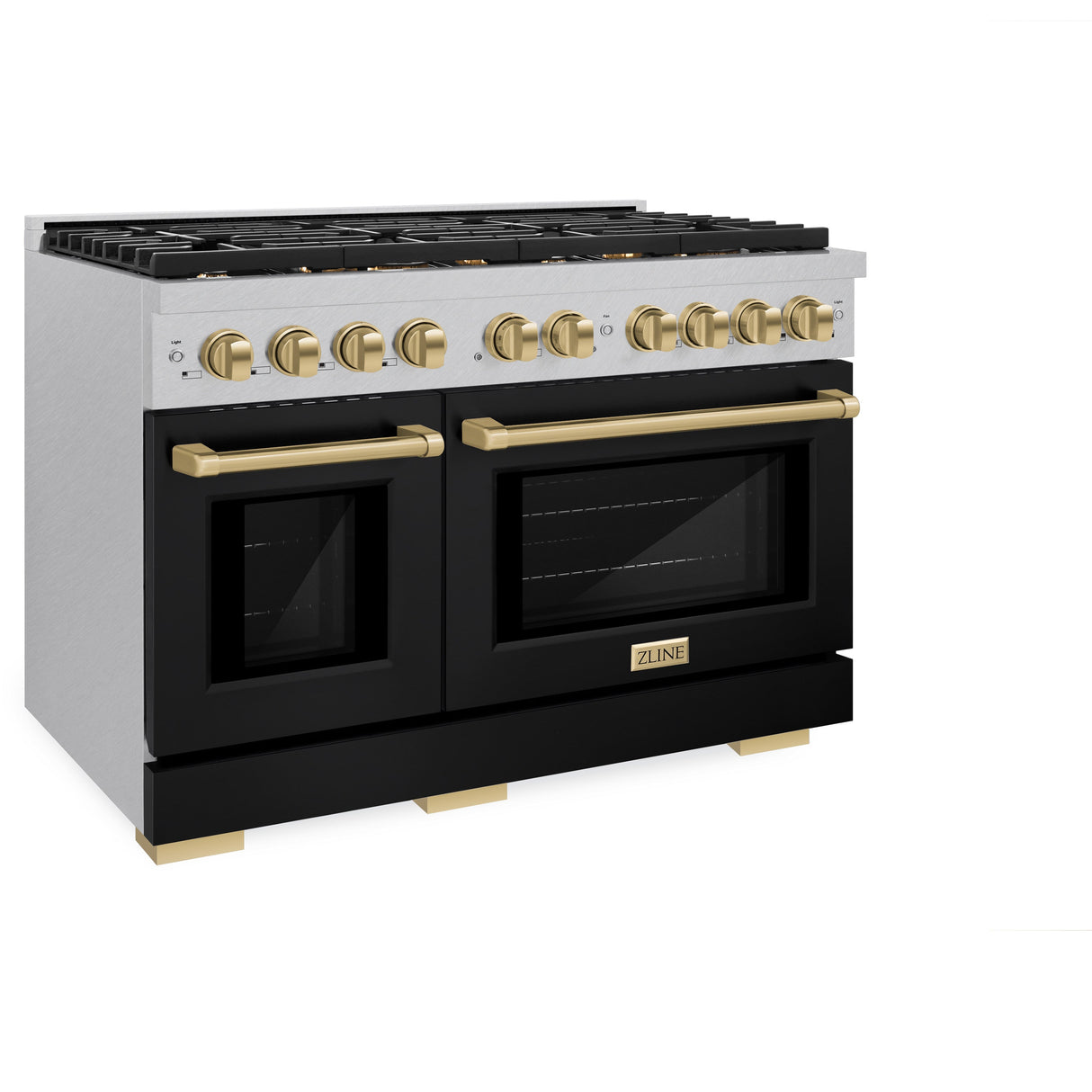 ZLINE Autograph Edition 48 in. 6.7 cu. ft. Paramount Double Oven Gas Range with 8 Burner Cooktop in Satin Stainless Steel with Black Matte Doors and Champagne Bronze Accents (SGRSZ-BLM-48-CB)