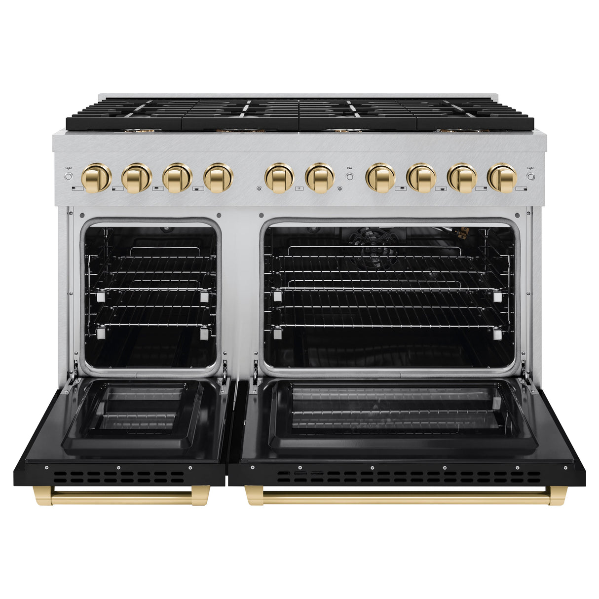 ZLINE Autograph Edition 48 in. 6.7 cu. ft. Paramount Double Oven Gas Range with 8 Burner Cooktop in Satin Stainless Steel with Black Matte Doors and Polished Gold Accents (SGRSZ-BLM-48-G)