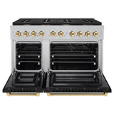 ZLINE Autograph Edition 48 in. 6.7 cu. ft. Paramount Double Oven Gas Range with 8 Burner Cooktop in Satin Stainless Steel with Black Matte Doors and Polished Gold Accents (SGRSZ-BLM-48-G)