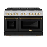ZLINE Autograph Edition 48 in. 6.7 cu. ft. Paramount Double Oven Gas Range with 8 Burner Cooktop in Satin Stainless Steel with Black Matte Doors and Polished Gold Accents (SGRSZ-BLM-48-G)