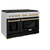 ZLINE Autograph Edition 48 in. 6.7 cu. ft. Paramount Double Oven Gas Range with 8 Burner Cooktop in Satin Stainless Steel with Black Matte Doors and Polished Gold Accents (SGRSZ-BLM-48-G)