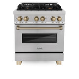 ZLINE Autograph Edition 30 in. 4.0 cu. ft. Legacy Dual Fuel Range with 4 Burner Gas Cooktop and Electric Convection Oven in Satin Stainless Steel and Champagne Bronze Accents (RASZ-SN-30-CB)