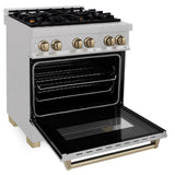 ZLINE Autograph Edition 30 in. 4.0 cu. ft. Legacy Dual Fuel Range with 4 Burner Gas Cooktop and Electric Convection Oven in Satin Stainless Steel and Champagne Bronze Accents (RASZ-SN-30-CB)