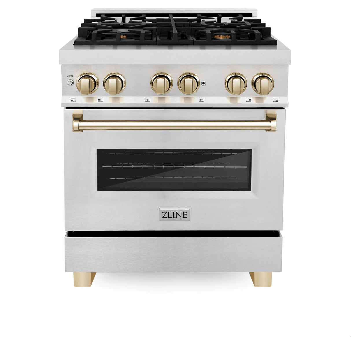 ZLINE Autograph Edition 30 in. 4.0 cu. ft. Legacy Dual Fuel Range with 4 Burner Gas Cooktop and Electric Convection Oven in Satin Stainless Steel and Polished Gold Accents (RASZ-SN-30-G)