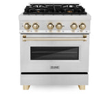 ZLINE Autograph Edition 30 in. 4.0 cu. ft. Legacy Dual Fuel Range with 4 Burner Gas Cooktop and Electric Convection Oven in Satin Stainless Steel and Polished Gold Accents (RASZ-SN-30-G)