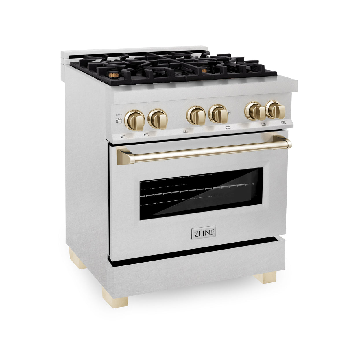 ZLINE Autograph Edition 30 in. 4.0 cu. ft. Legacy Dual Fuel Range with 4 Burner Gas Cooktop and Electric Convection Oven in Satin Stainless Steel and Polished Gold Accents (RASZ-SN-30-G)