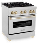 ZLINE Autograph Edition 30 in. 4.0 cu. ft. Legacy Dual Fuel Range with 4 Burner Gas Cooktop and Electric Convection Oven in Satin Stainless Steel and Polished Gold Accents (RASZ-SN-30-G)