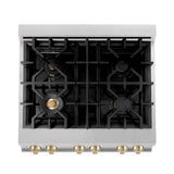 ZLINE Autograph Edition 30 in. 4.0 cu. ft. Legacy Dual Fuel Range with 4 Burner Gas Cooktop and Electric Convection Oven in Satin Stainless Steel and Polished Gold Accents (RASZ-SN-30-G)