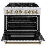 ZLINE Autograph Edition 36 in. 4.6 cu. ft. Legacy Dual Fuel Range with 6 Burner Gas Cooktop and Electric Convection Oven in Satin Stainless Steel and Champagne Bronze Accents (RASZ-SN-36-CB)