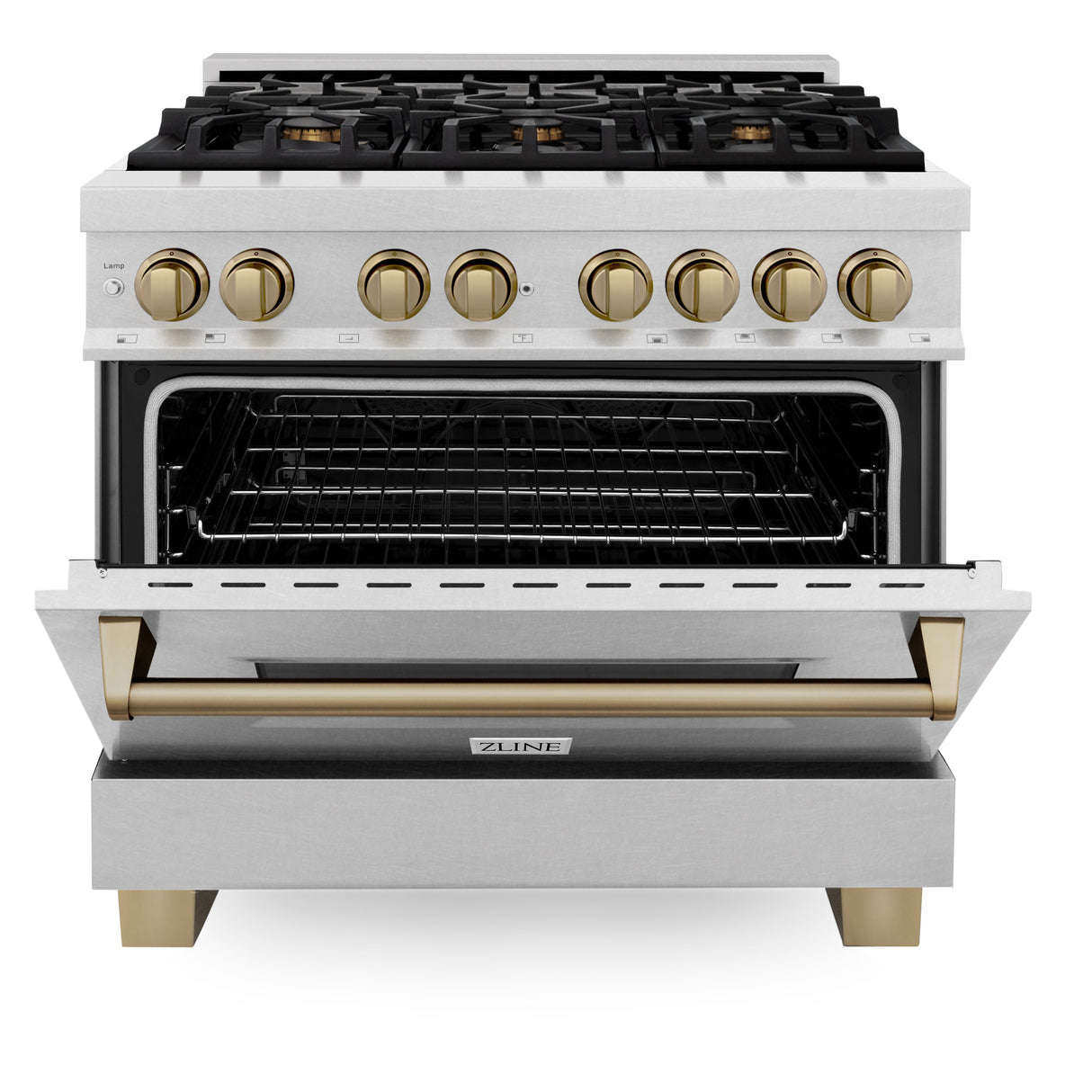 ZLINE Autograph Edition 36 in. 4.6 cu. ft. Legacy Dual Fuel Range with 6 Burner Gas Cooktop and Electric Convection Oven in Satin Stainless Steel and Champagne Bronze Accents (RASZ-SN-36-CB)