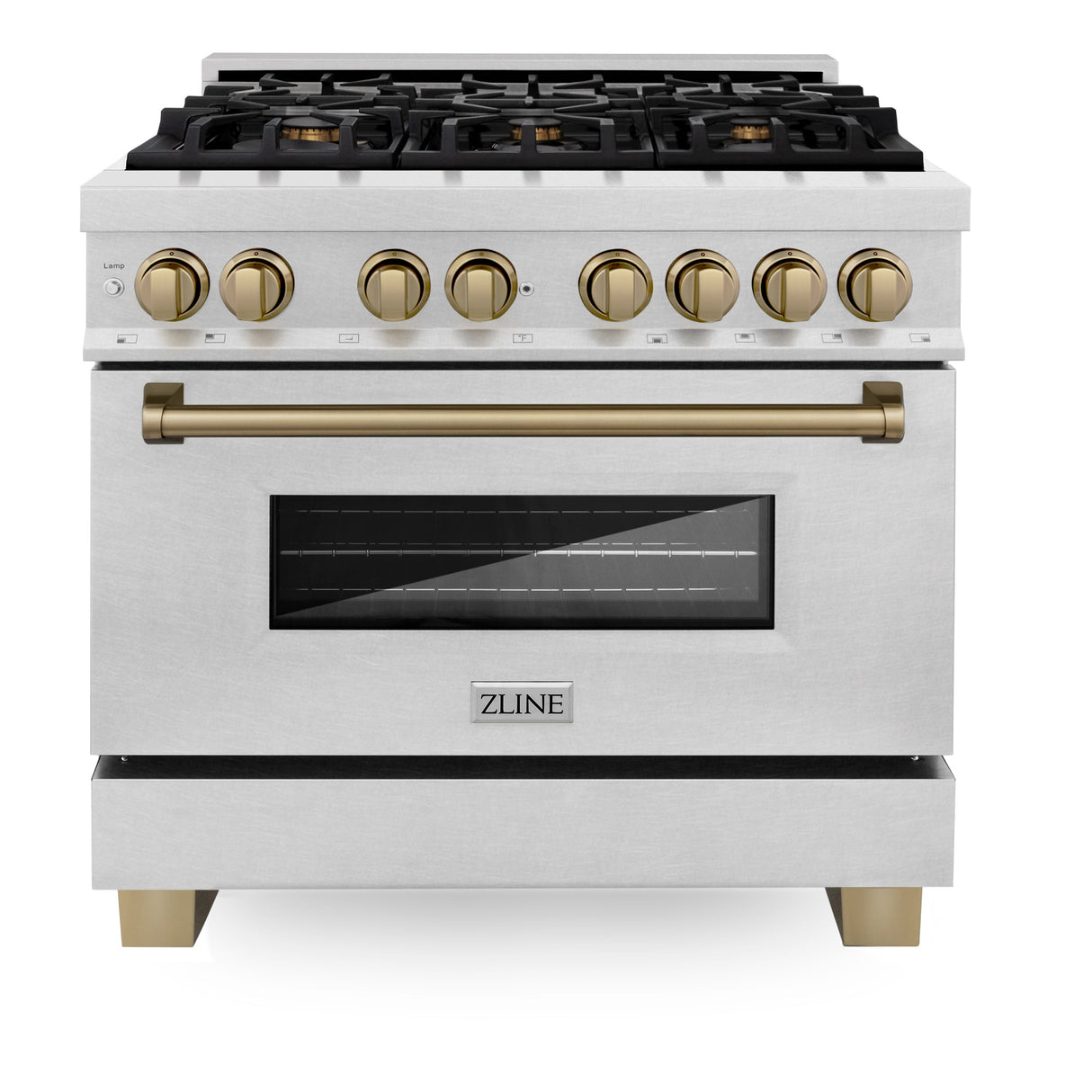 ZLINE Autograph Edition 36 in. 4.6 cu. ft. Legacy Dual Fuel Range with 6 Burner Gas Cooktop and Electric Convection Oven in Satin Stainless Steel and Champagne Bronze Accents (RASZ-SN-36-CB)