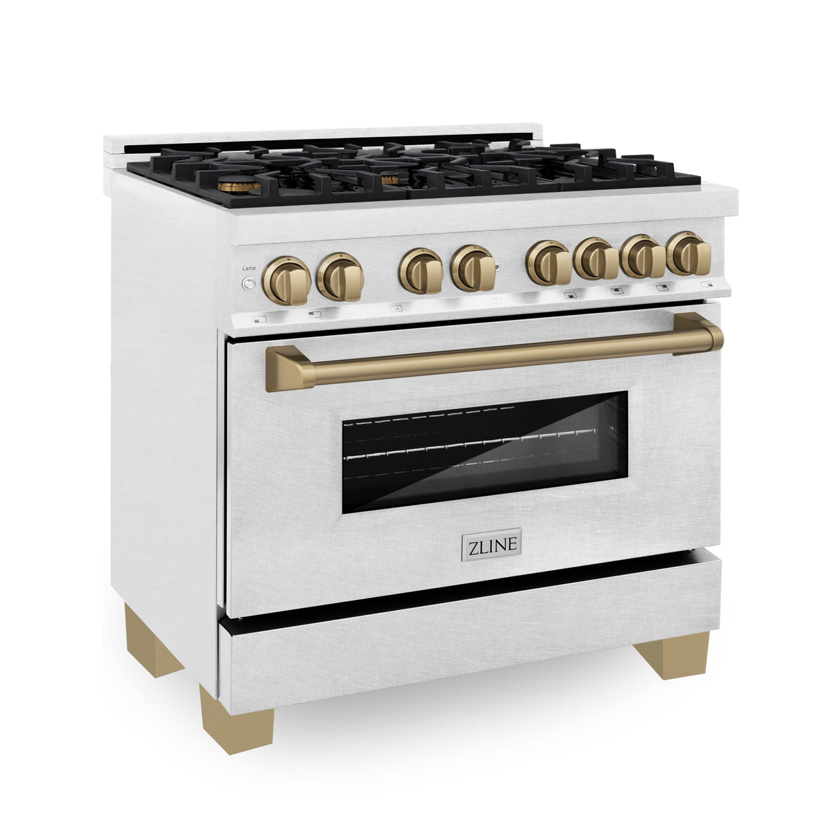 ZLINE Autograph Edition 36 in. 4.6 cu. ft. Legacy Dual Fuel Range with 6 Burner Gas Cooktop and Electric Convection Oven in Satin Stainless Steel and Champagne Bronze Accents (RASZ-SN-36-CB)