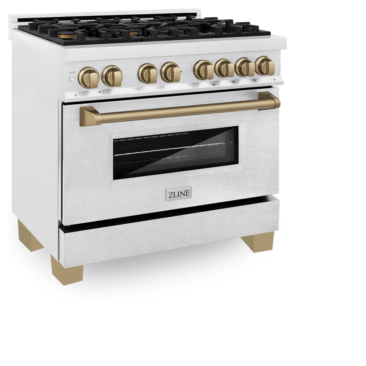 ZLINE Autograph Edition 36 in. 4.6 cu. ft. Legacy Dual Fuel Range with 6 Burner Gas Cooktop and Electric Convection Oven in Satin Stainless Steel and Champagne Bronze Accents (RASZ-SN-36-CB)