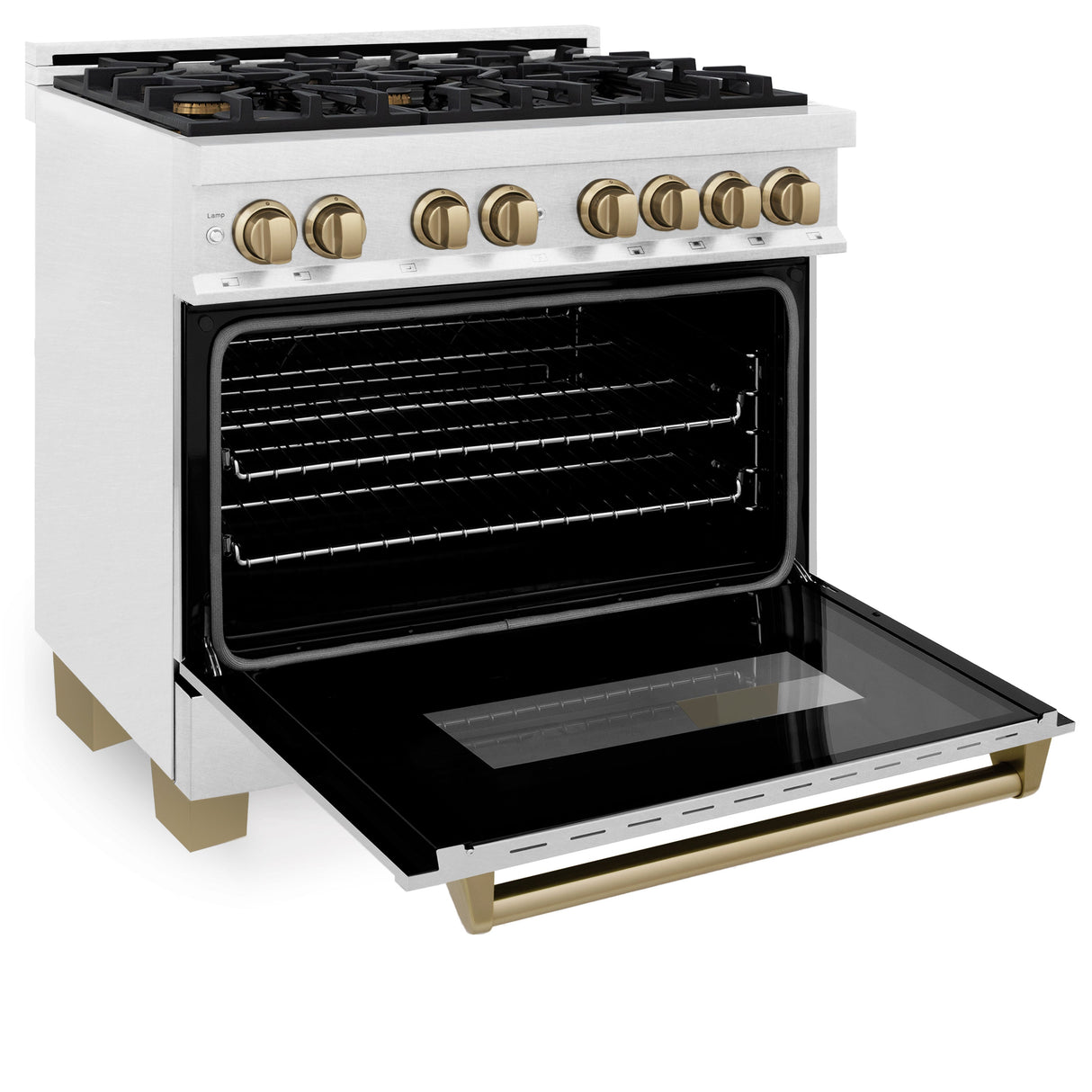 ZLINE Autograph Edition 36 in. 4.6 cu. ft. Legacy Dual Fuel Range with 6 Burner Gas Cooktop and Electric Convection Oven in Satin Stainless Steel and Champagne Bronze Accents (RASZ-SN-36-CB)