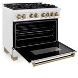 ZLINE Autograph Edition 36 in. 4.6 cu. ft. Legacy Dual Fuel Range with 6 Burner Gas Cooktop and Electric Convection Oven in Satin Stainless Steel and Champagne Bronze Accents (RASZ-SN-36-CB)