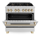 ZLINE Autograph Edition 36 in. 4.6 cu. ft. Legacy Dual Fuel Range with 6 Burner Gas Cooktop and Electric Convection Oven in Satin Stainless Steel and Polished Gold Accents (RASZ-SN-36-G)