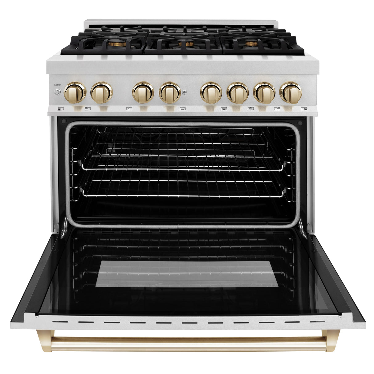 ZLINE Autograph Edition 36 in. 4.6 cu. ft. Legacy Dual Fuel Range with 6 Burner Gas Cooktop and Electric Convection Oven in Satin Stainless Steel and Polished Gold Accents (RASZ-SN-36-G)