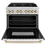 ZLINE Autograph Edition 36 in. 4.6 cu. ft. Legacy Dual Fuel Range with 6 Burner Gas Cooktop and Electric Convection Oven in Satin Stainless Steel and Polished Gold Accents (RASZ-SN-36-G)