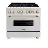 ZLINE Autograph Edition 36 in. 4.6 cu. ft. Legacy Dual Fuel Range with 6 Burner Gas Cooktop and Electric Convection Oven in Satin Stainless Steel and Polished Gold Accents (RASZ-SN-36-G)