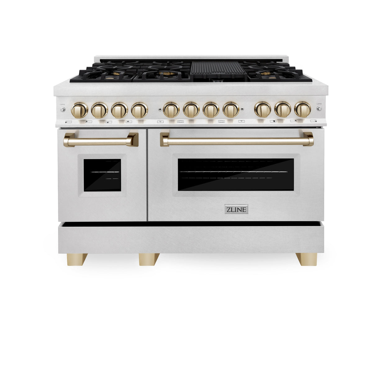ZLINE Autograph Edition 48 in. 6.0 cu. ft. Legacy Dual Fuel Range with 7 Burner Gas Cooktop and 2 Electric Ovens in Satin Stainless Steel and Polished Gold Accents (RASZ-SN-48-G)