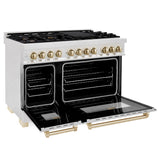 ZLINE Autograph Edition 48 in. 6.0 cu. ft. Legacy Dual Fuel Range with 7 Burner Gas Cooktop and 2 Electric Ovens in Satin Stainless Steel and Polished Gold Accents (RASZ-SN-48-G)