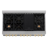 ZLINE Autograph Edition 48 in. 6.0 cu. ft. Legacy Dual Fuel Range with 7 Burner Gas Cooktop and 2 Electric Ovens in Satin Stainless Steel and Polished Gold Accents (RASZ-SN-48-G)