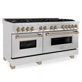 ZLINE Autograph Edition 60 in. 7.4 cu. ft. Legacy Dual Fuel Range with 9 Burner Gas Cooktop and 2 Electric Convection Ovens in Satin Stainless Steel and Champagne Bronze Accents (RASZ-SN-60-CB)