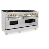 ZLINE Autograph Edition 60 in. 7.4 cu. ft. Legacy Dual Fuel Range with 9 Burner Gas Cooktop and 2 Electric Convection Ovens in Satin Stainless Steel and Polished Gold Accents (RASZ-SN-60-G)