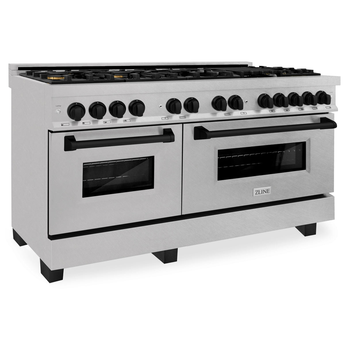 ZLINE Autograph Edition 60 in. 7.4 cu. ft. Legacy Dual Fuel Range with 9 Burner Gas Cooktop and 2 Electric Convection Ovens in Satin Stainless Steel and Matte Black Accents (RASZ-SN-60-MB)
