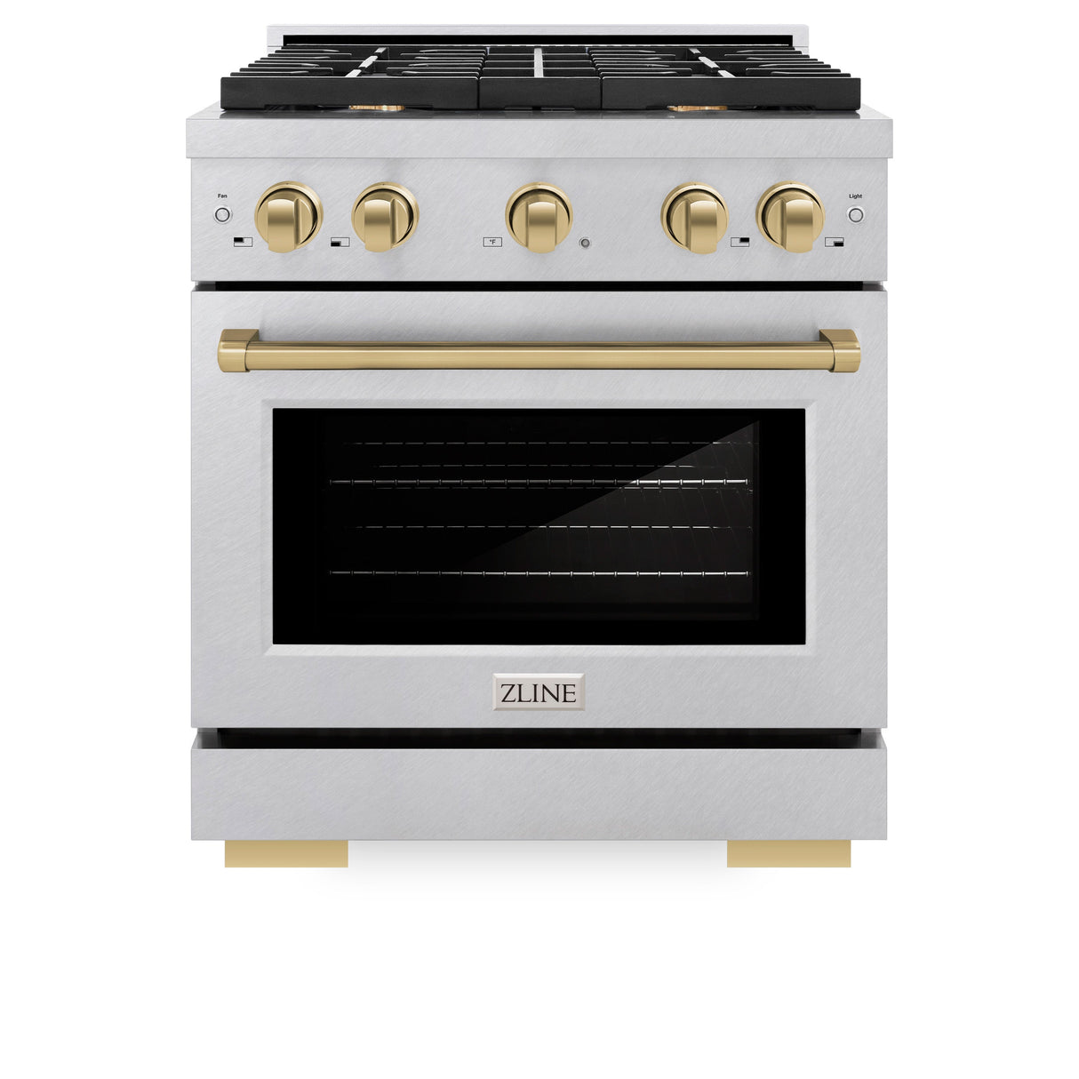 ZLINE Autograph Edition 30 in. 4.2 cu. ft. Paramount Dual Fuel Range with 4 Burner Gas Cooktop and Electric Convection Oven in Satin Stainless Steel with Champagne Bronze Accents (SDRSZ-30-CB)