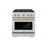 ZLINE Autograph Edition 30 in. 4.2 cu. ft. Paramount Dual Fuel Range with 4 Burner Gas Cooktop and Electric Convection Oven in Satin Stainless Steel with Polished Gold Accents (SDRSZ-30-G)