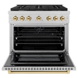 ZLINE Autograph Edition 36 in. 5.2 cu. ft. Paramount Dual Fuel Range with 6 Burner Gas Cooktop and Electric Convection Oven in Satin Stainless Steel with Polished Gold Accents (SDRSZ-36-G)