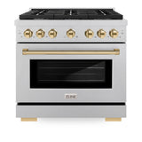 ZLINE Autograph Edition 36 in. 5.2 cu. ft. Paramount Dual Fuel Range with 6 Burner Gas Cooktop and Electric Convection Oven in Satin Stainless Steel with Polished Gold Accents (SDRSZ-36-G)