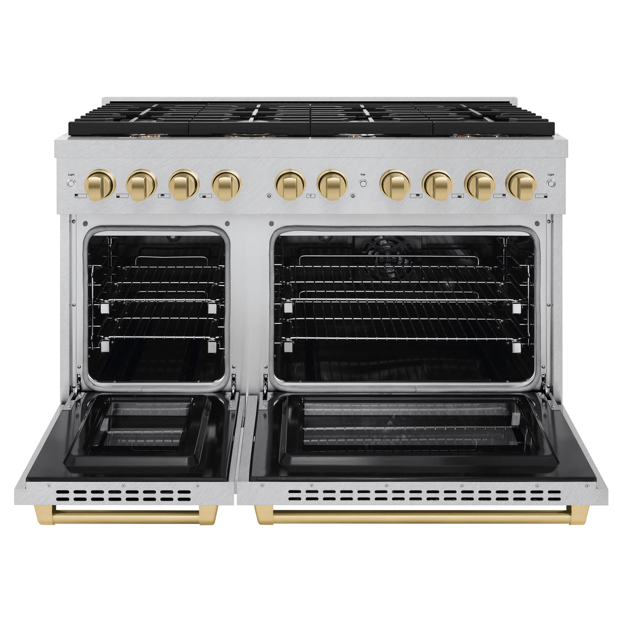 ZLINE Autograph Edition 48 in. 6.7 cu. ft. Paramount Double Oven Dual Fuel Range with 8 Burner Gas Cooktop in Satin Stainless Steel and Polished Gold Accents (SDRSZ-48-G)