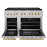 ZLINE Autograph Edition 48 in. 6.7 cu. ft. Paramount Double Oven Dual Fuel Range with 8 Burner Gas Cooktop in Satin Stainless Steel and Polished Gold Accents (SDRSZ-48-G)