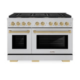 ZLINE Autograph Edition 48 in. 6.7 cu. ft. Paramount Double Oven Dual Fuel Range with 8 Burner Gas Cooktop in Satin Stainless Steel and Polished Gold Accents (SDRSZ-48-G)