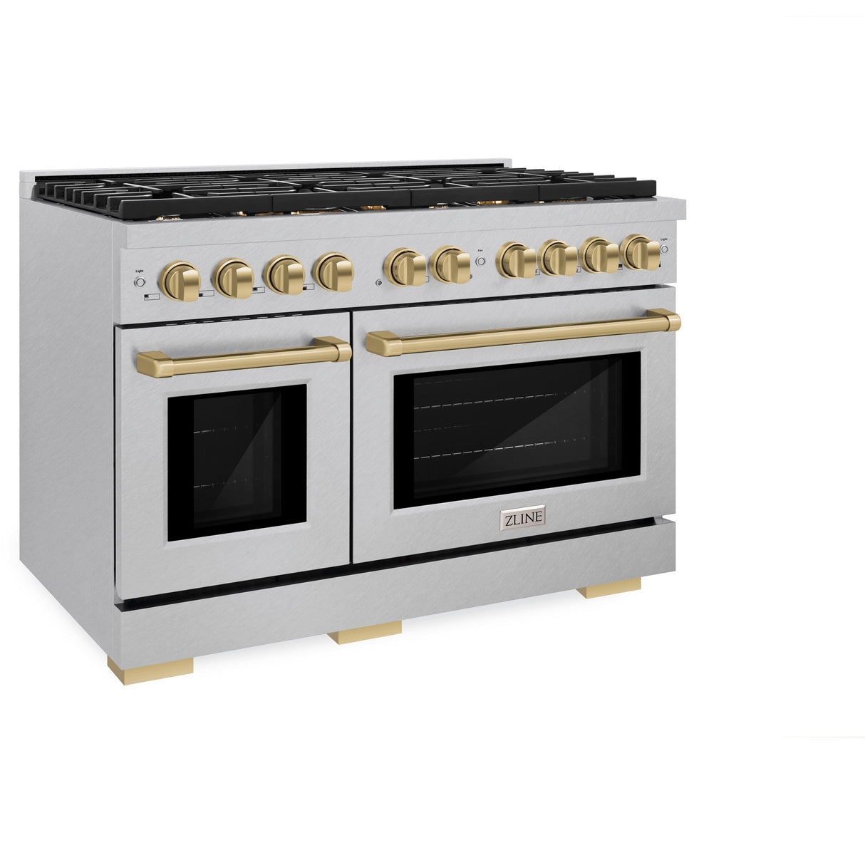 ZLINE Autograph Edition 48 in. 6.7 cu. ft. Paramount Double Oven Dual Fuel Range with 8 Burner Gas Cooktop in Satin Stainless Steel and Polished Gold Accents (SDRSZ-48-G)
