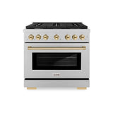ZLINE Autograph Edition 36 in. 5.2 cu. ft. Paramount Gas Range with 6 Burner Cooktop and Convection Gas Oven in Satin Stainless Steel and Polished Gold Accents (SGRSZ-36-G)
