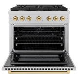 ZLINE Autograph Edition 36 in. 5.2 cu. ft. Paramount Gas Range with 6 Burner Cooktop and Convection Gas Oven in Satin Stainless Steel and Polished Gold Accents (SGRSZ-36-G)