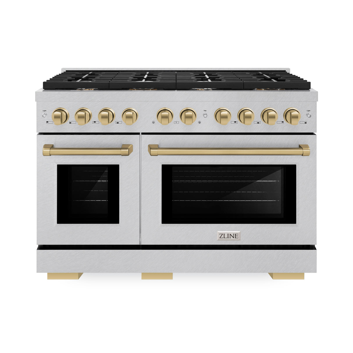ZLINE Autograph Edition 48 in. 6.7 cu. ft. Paramount Double Oven Gas Range with 8 Burner Cooktop in Satin Stainless Steel and Champagne Bronze Accents (SGRSZ-48-CB)