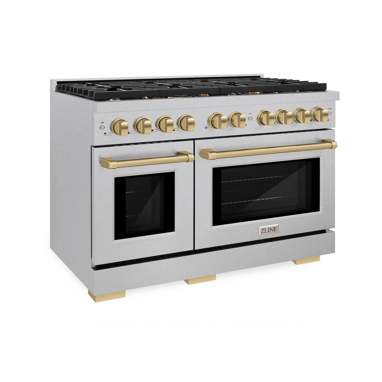 ZLINE Autograph Edition 48 in. 6.7 cu. ft. Paramount Double Oven Gas Range with 8 Burner Cooktop in Satin Stainless Steel and Champagne Bronze Accents (SGRSZ-48-CB)