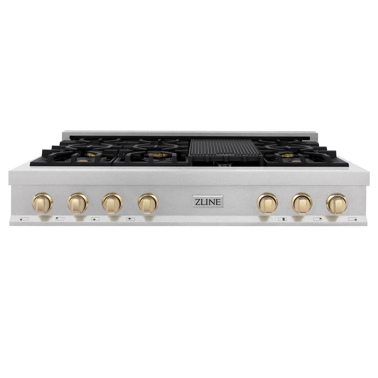 ZLINE Autograph Edition 48 in. Legacy Gas Rangetop with 7 Burners and Porcelain Cooktop in Satin Stainless Steel with Polished Gold Accents (RTSZ-48-G)
