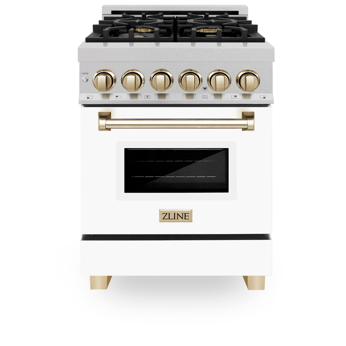 ZLINE Autograph Edition 24 in. 2.8 cu. ft. Legacy Dual Fuel Range with 4 Burner Gas Cooktop and Electric Convection Oven in Satin Stainless Steel with White Matte Door and Polished Gold Accents (RASZ-WM-24-G)