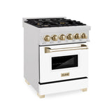 ZLINE Autograph Edition 24 in. 2.8 cu. ft. Legacy Dual Fuel Range with 4 Burner Gas Cooktop and Electric Convection Oven in Satin Stainless Steel with White Matte Door and Polished Gold Accents (RASZ-WM-24-G)