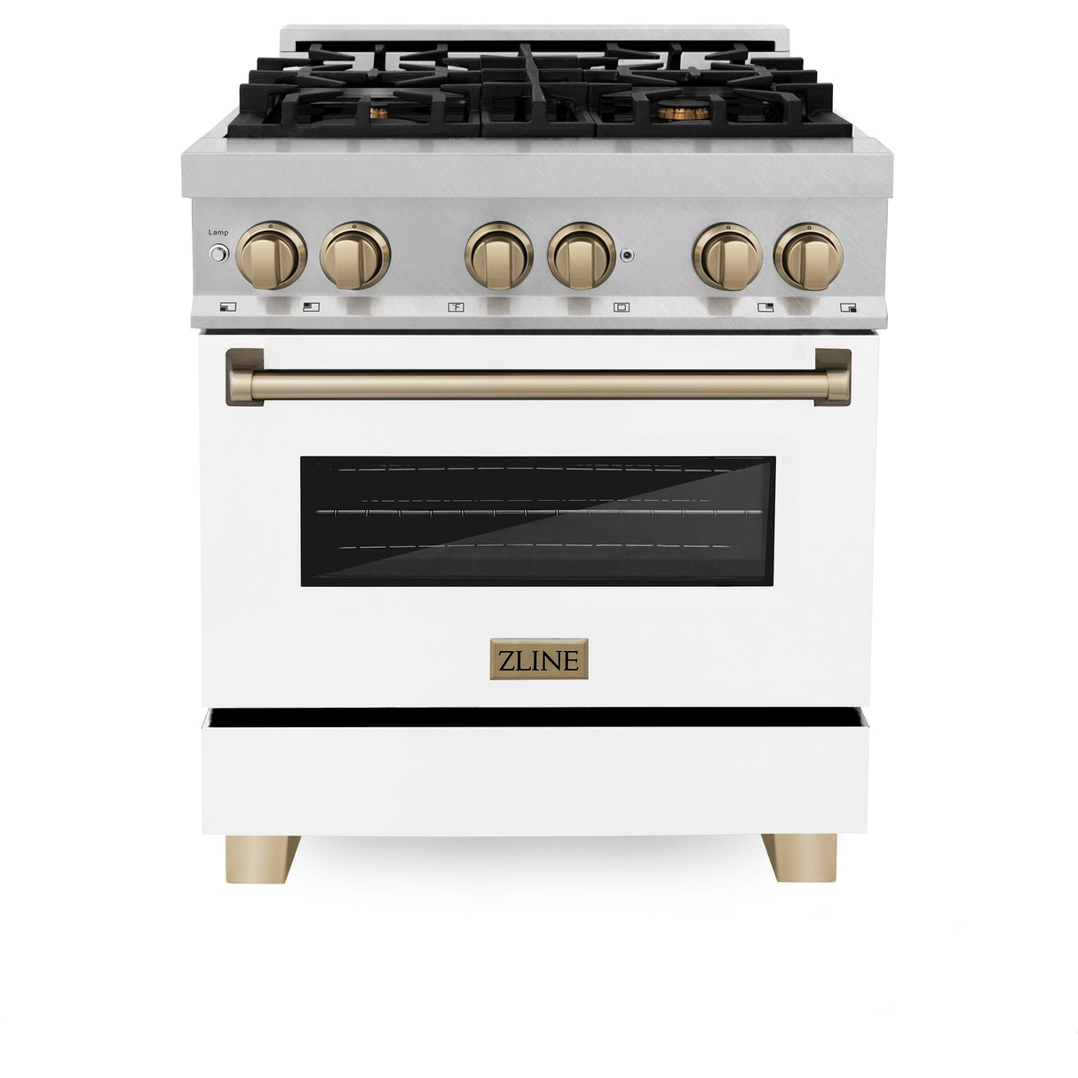 ZLINE Autograph Edition 30 in. 4.0 cu. ft. Legacy Dual Fuel Range with 4 Burner Gas Cooktop and Electric Convection Oven in Satin Stainless Steel with White Matte Door and Champagne Bronze Accents (RASZ-WM-30-CB)