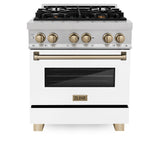 ZLINE Autograph Edition 30 in. 4.0 cu. ft. Legacy Dual Fuel Range with 4 Burner Gas Cooktop and Electric Convection Oven in Satin Stainless Steel with White Matte Door and Champagne Bronze Accents (RASZ-WM-30-CB)