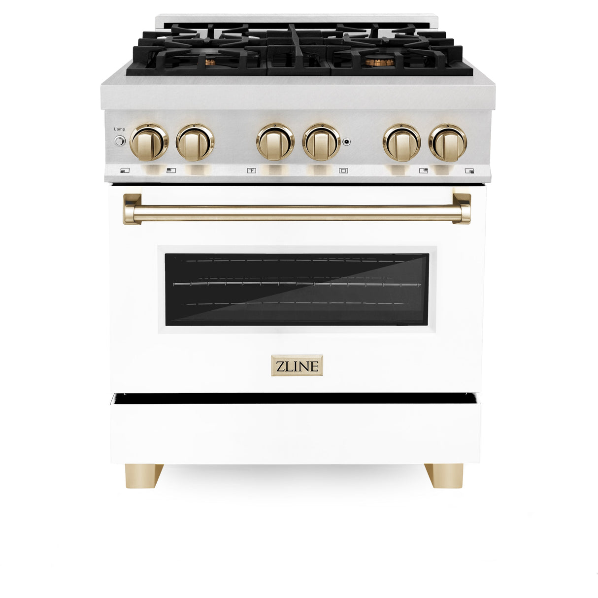 ZLINE Autograph Edition 30 in. 4.0 cu. ft. Legacy Dual Fuel Range with 4 Burner Gas Cooktop and Electric Convection Oven in Satin Stainless Steel with White Matte Door and Polished Gold Accents (RASZ-WM-30-G)