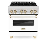 ZLINE Autograph Edition 30 in. 4.0 cu. ft. Legacy Dual Fuel Range with 4 Burner Gas Cooktop and Electric Convection Oven in Satin Stainless Steel with White Matte Door and Polished Gold Accents (RASZ-WM-30-G)